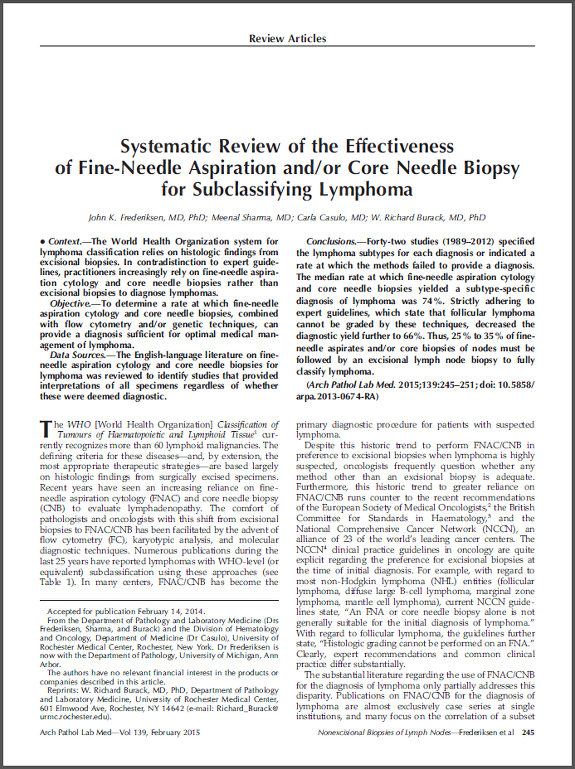 Systematic Review of the Effectiveness of Fine-Needle Aspiration and/or Core Needle Biopsy for Subclassifying Lymphoma